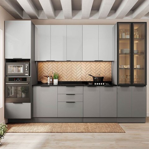 Cozinha Completa Lumina 13 Portas 4 Gavetas com Vidro 917467 Cinza/lacca - Telasul