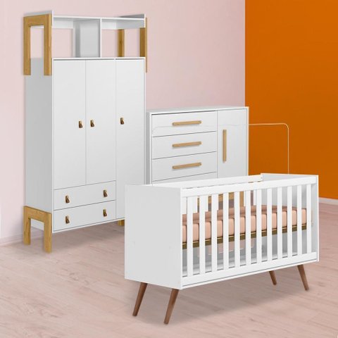 Conjunto Berço Mini Cama Retrô, Cômoda Sapateira Slim e Guarda Roupa C/nicho Branco
