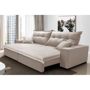 Sofá Retrátil e Reclinável com Molas Ensacadas Cama Inbox Prime 2.92M Tecido Linho Bege Claro