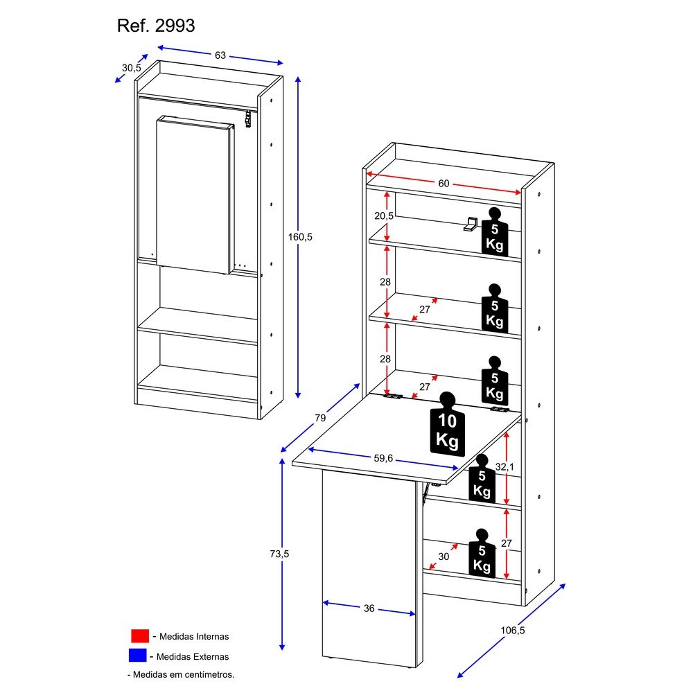 Armário Multifuncional/Multiuso com Prateleiras e Mesa Retrátil com Organizador Multimóveis - 3