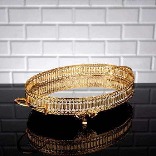 Bandeja Espelhado Oval Dourado - 7x44x26cm - Bandeja de Luxo em Metal de Design Exclusivo