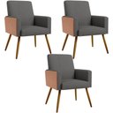 Ver imagem 1 de Kit 03 Poltronas Decorativa Maria W01 Pés Palito Linho Cinza Escuro Couríssimo Camel - Lyam Decor
