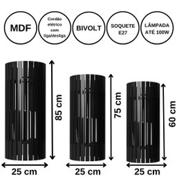 Luminária de Chão MDF TORRE DE PISA:Preto/Kit com 3 - 85x25cm, 75x25cm e 60x25cm - 4