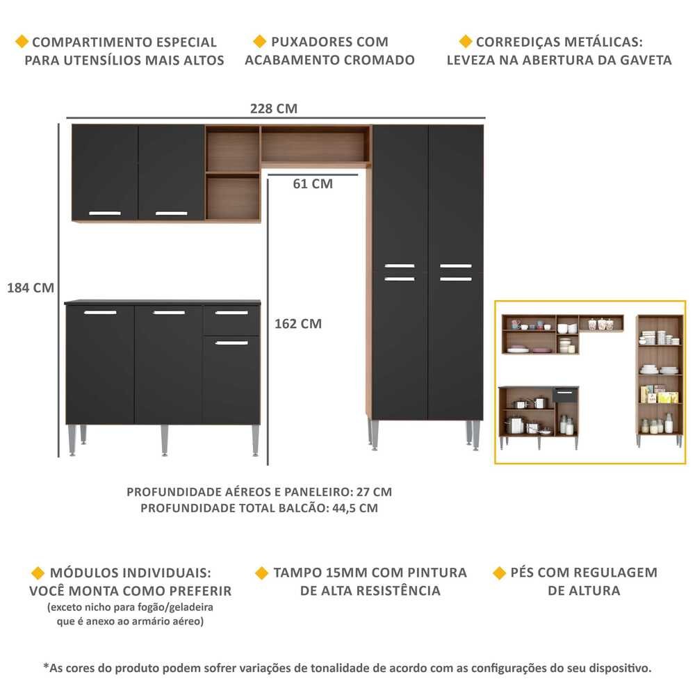 Cozinha Completa Compacta Pequim UP Multimóveis com Balcão - Madeirado com Preto - 3