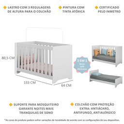 Berço Elza 3 em 1 Vira Cama com Colchão Incluso Branco Certificado Imnetro - 2