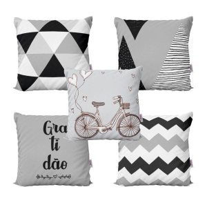 Capas de Almofadas Decorativas Preto e Branco Geométricas Bike Gratidão Para Sofá 40x40 - Novadecora