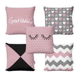 Kit 5 Capas Almofadas Rosa e Cinza Geométricas Decorativas Gratidão Para Sofá 40x40 - Novadecora - 1