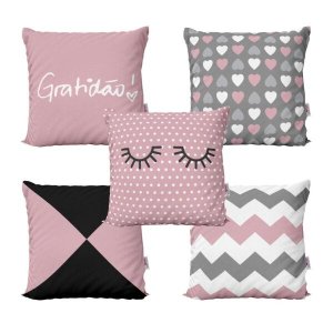 Kit 5 Capas Almofadas Rosa e Cinza Geométricas Decorativas Gratidão Para Sofá 40x40 - Novadecora