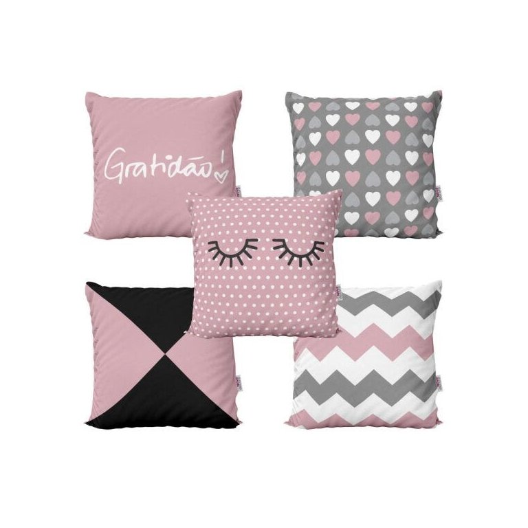 Kit 5 Capas Almofadas Rosa e Cinza Geométricas Decorativas Gratidão Para Sofá 40x40 - Novadecora