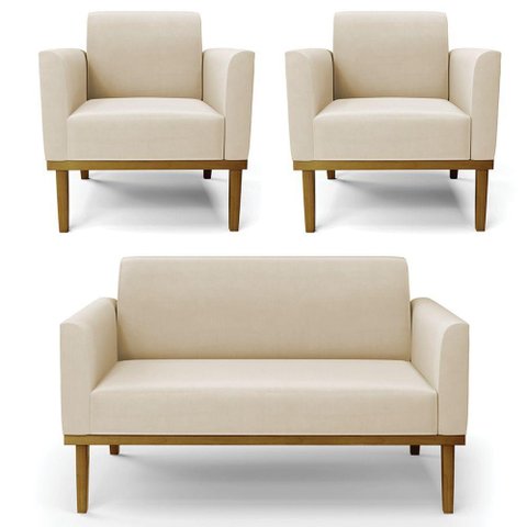 Sofá Namoradeira e 2 Poltronas Base Madeira Castanho Maressa Suede Bege