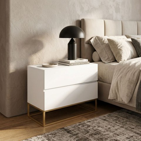Mesa de Cabeceira 2 Gavetas Estilo Industrial Eros 60cm Branco Pés de Ferro Dourado