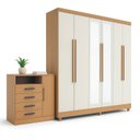 Ver imagem 2 de Guarda-Roupa Casal com Espelho 6 Portas e Cômoda 4 Gavetas com Porta e Nicho Apolo Marrom/Freijó/Off White