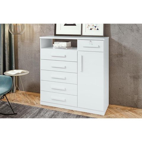 Cômoda de Quarto da Vinci New C/ 1 Porta 1 Nicho e 6 Gavetas Branco - Lopas