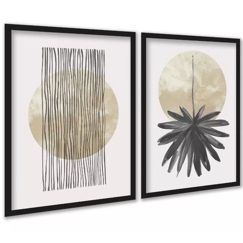 Kit 2 Quadros Neutros Bege Linhas Folha Aquarela 45x34cm - com Vidro:moldura Preta