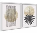 Ver imagem 2 de Kit 2 Quadros Neutros Bege Linhas Folha Aquarela 45x34cm - com Vidro:moldura Preta