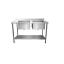 Ver imagem 1 de Bancada / Mesa Pia Em Aço Inox com Duas Cubas (56x34x14) A Direita E Prateleira (150x60x85)