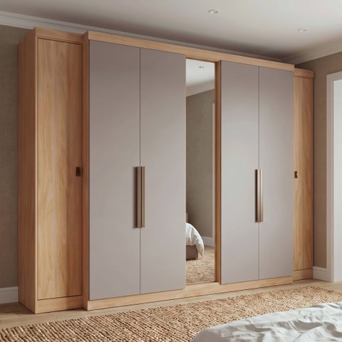 Guarda-Roupa Casal com Espelho 100% MDF 7 Portas 4 Gavetas Nogal/Cinza Gris Yescasa Supremo 266cm