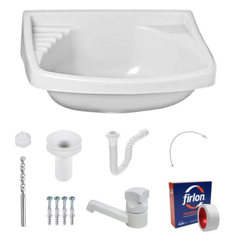 Pia Lavatório 4,8l + Torneira Branca + Sifão Branco + Engate Flexível + Veda Rosca + Broca