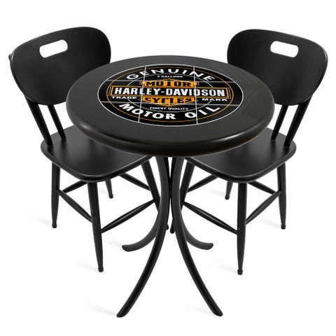 Cj Mesa Madeira Azulejo 60cm - Bistrô Fixa 78cm + 2 Cadeiras 43 - Preta - Harley Davidson Genuine