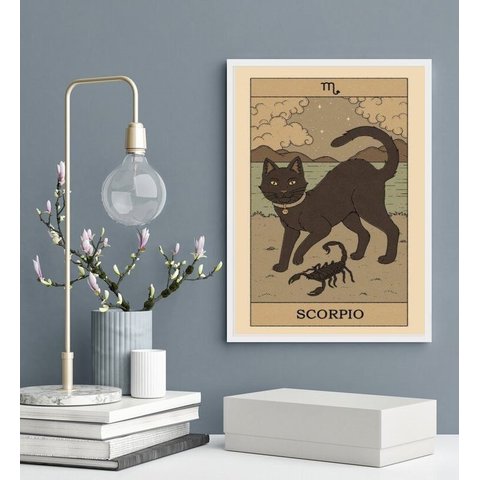 Quadro Carta Tarot Gato Signo Escorpião 45x34cm - com Vidro:madeira Branca