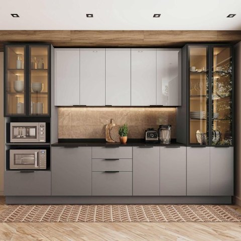 Cozinha Modulada Lumina 6 Módulos 3 Gavetas MDF e MDP Cinza Lacca com Vidro Fumê Telasul