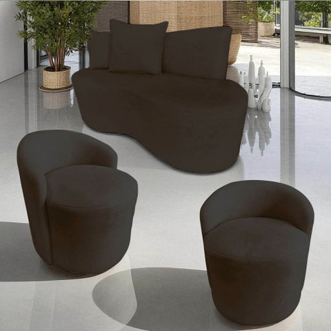 Kit Namoradeira + 2 Poltronas Yara Orgânica Veludo Marrom