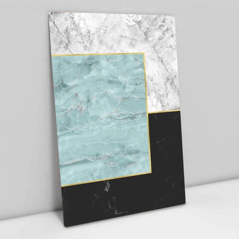 Quadro Decorativo em Canvas Geométrico Mármore Quadriculado TaColado Moldura Madeira 60 x 40cm