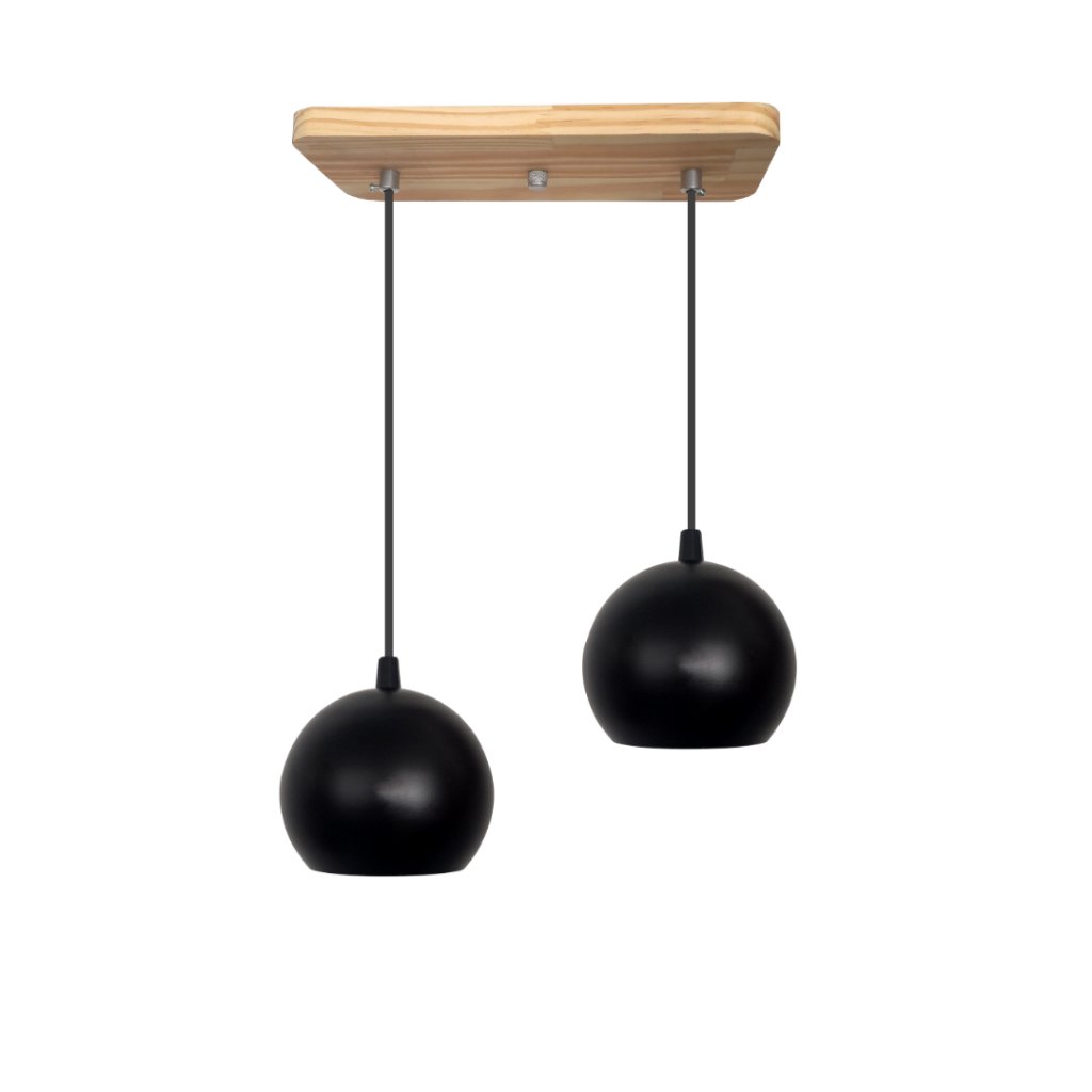 Luminária Pendente Cúpula Bola Suporte Madeira Pinus – Soquete E-27 – Abf Luminárias:preto