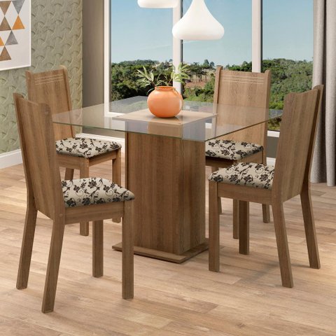 Conjunto Sala de Jantar Madesa Maya Mesa Tampo de Vidro com 4 Cadeiras - Rustic/bege Marrom