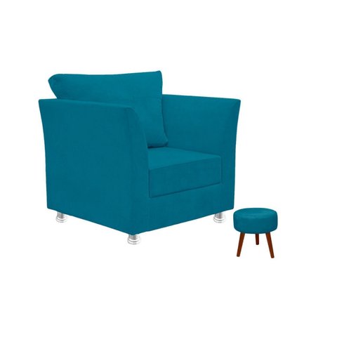 Conjunto 01 Poltrona Lisboa Decorativa + 01 Puff Redondo Decorativo Suede Azul Claro