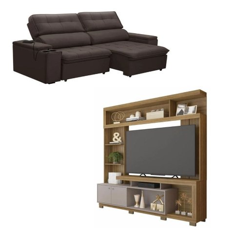Kit Sofá Ferguile Genebra 3 Lugares Retrátil com Usb com Home Tv 70 Formosa Caemmun