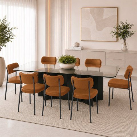 Kit 8 Cadeiras Sala de Jantar Lisa Pés Preto PU Caramelo m² - Monari Design