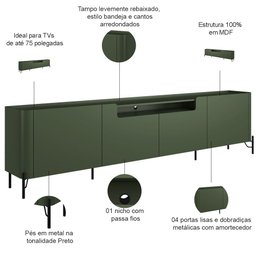 Rack para Sala de Estar Tv 75 Pol 4 Portas Pés Industrial Preto Alef I03 Musgo - Lyam Decor - 3 Rack para Sala de Estar Tv 75 Pol 4 Portas Pés Industrial Preto Alef I03 Musgo - Lyam Decor - 3