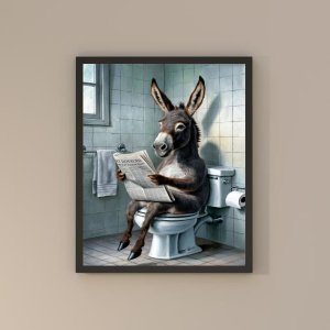 Quadro Divertido Banheiro Burro Lendo Jornal 33x24cm - com Vidro:moldura Branca