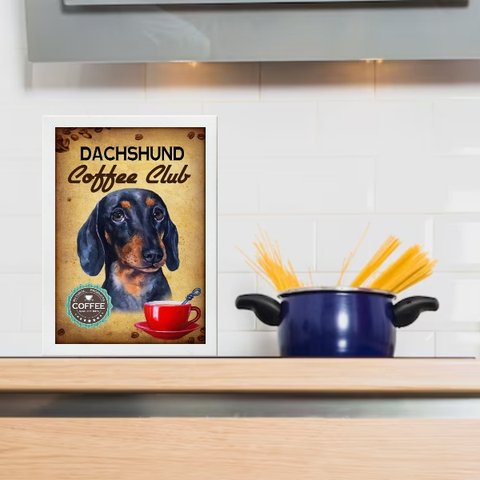 Quadro para Cozinha Dachshund Xícara Café 33x24cm:moldura Branca