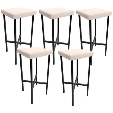 Kit 05 Banquetas Alta Bar Cozinha Sala de Jantar Preto Stella L02 Suede Bege - Lyam Decor