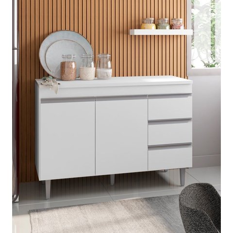 Balcão Cozinha com Tampo 120cm 3 Gavetas Leticia Branco A01 - D’Rossi