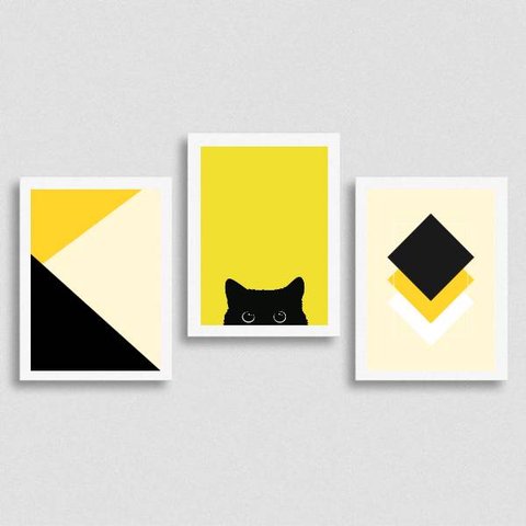 kit 3 quadros Geométricos Gato Preto/Amarelo 24x18cm:Madeira branca