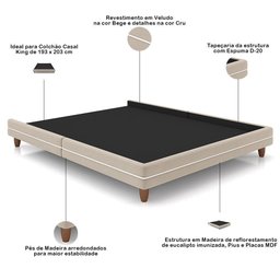 Cama Casal King Base Box Pés Madeira 203cm Suném P05 Veludo Bege - Lyam Decor - 4
