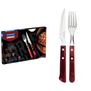 Jogo de Talheres para Churrasco Tramontina em Aço Inox e Madeira Vermelho 12 Peças