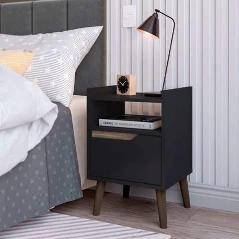 Mesa de Cabeceira Gabriela com Gaveta e Nicho Pés Palito:preto