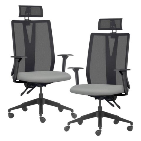 Kit 2 Cadeiras Escritório Giratória Presidente Flow F02 Base Preta Sintético Cinza - Lyam Decor