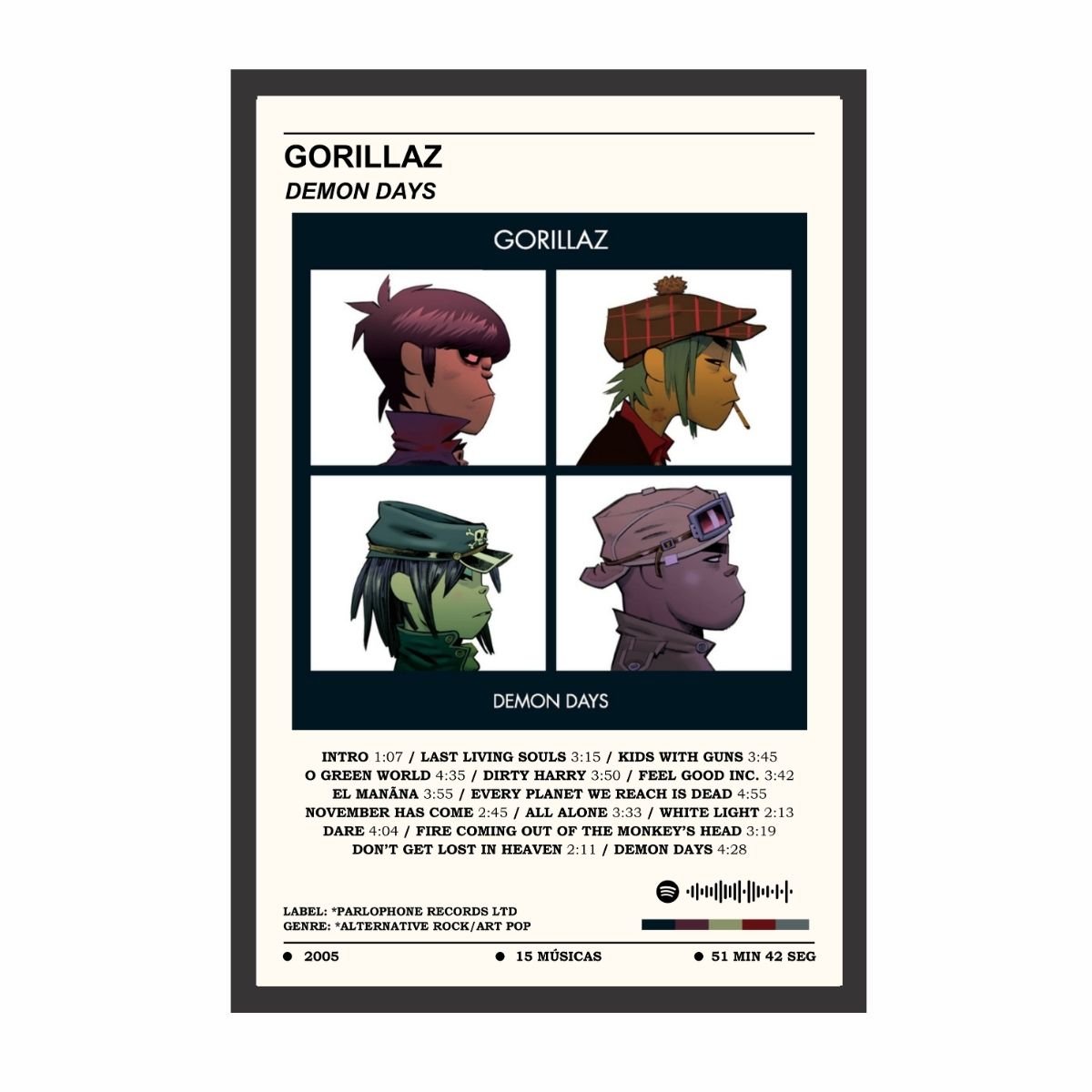 Quadro Decorativo Gorillaz Álbuns Spotify - Demon Days