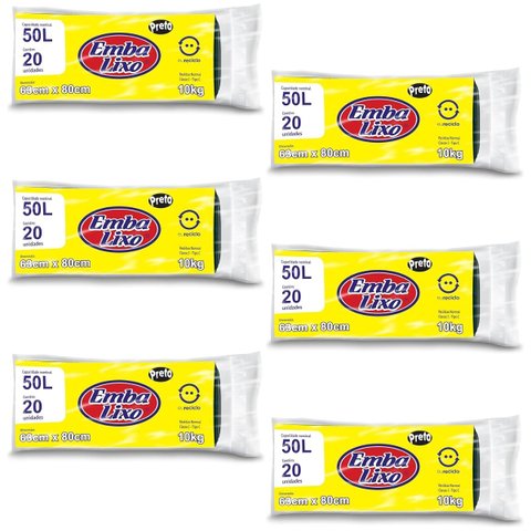 Kit 6 Pacotes Sacos de Lixo Preto Reciclado Resistente Reforçado 50 Litros 63cm x 80cm Pacote com 20