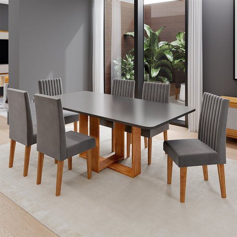 Conjunto Sala de Jantar 6 Lugares Retangular Tampo de MDF Victoria Cinza/Mel