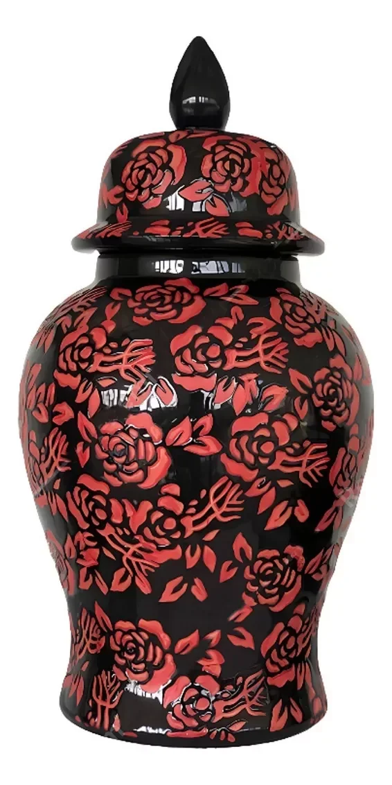 Vaso Decorativo Preto E Vermelho Floral Porcelana 49x26