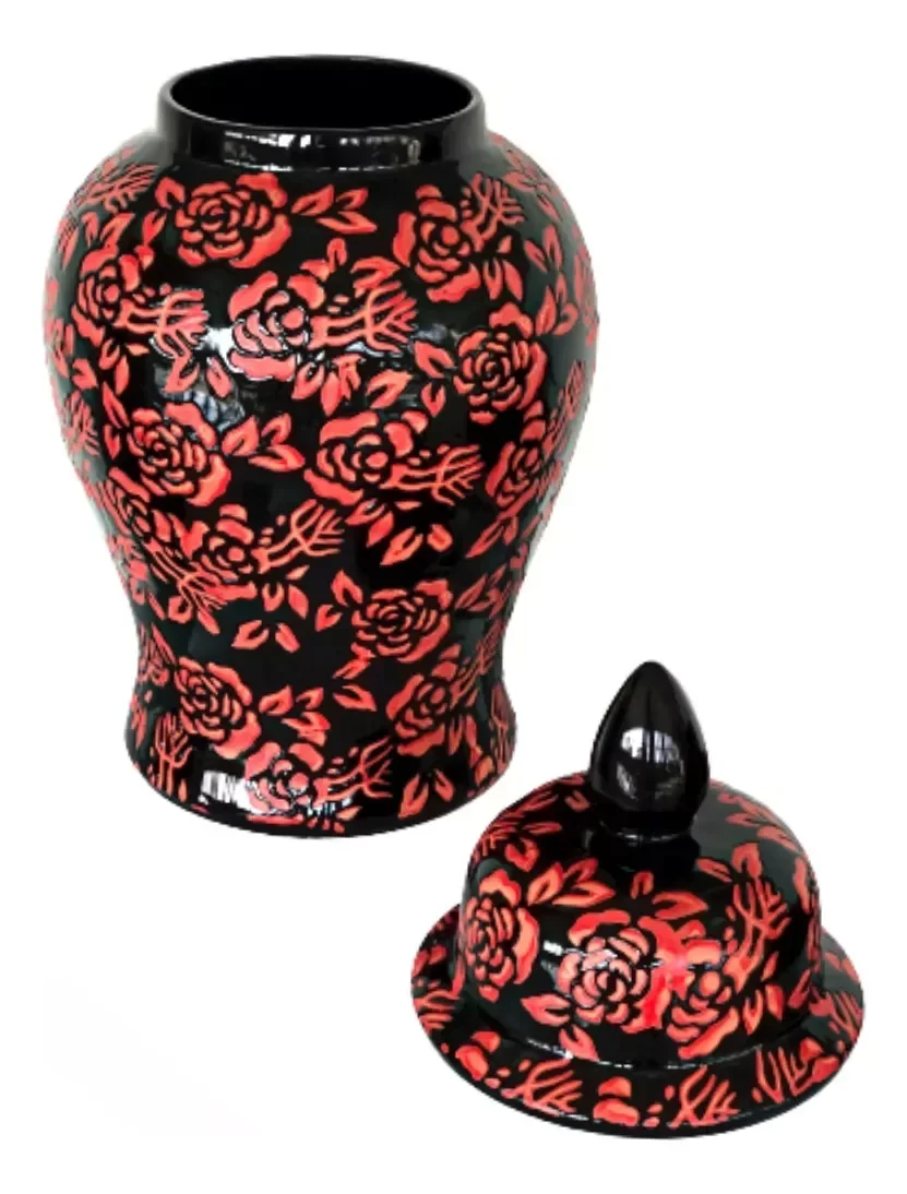 Ver imagem 2 de Vaso Decorativo Preto E Vermelho Floral Porcelana 49x26