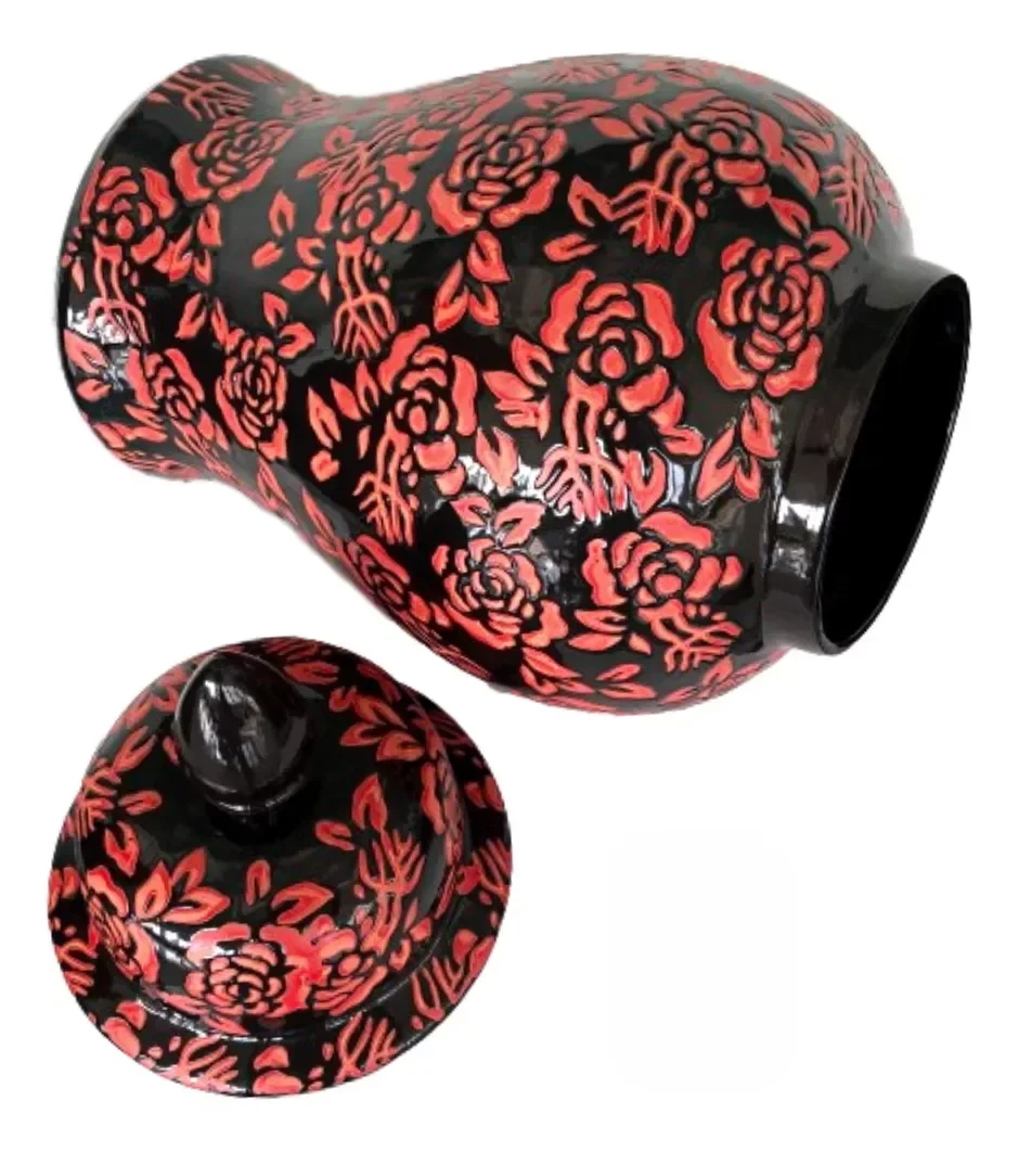 Ver imagem 3 de Vaso Decorativo Preto E Vermelho Floral Porcelana 49x26