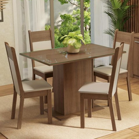 Conjunto Sala de Jantar Mesa Tampo de Vidro 4 Cadeiras Madesa
