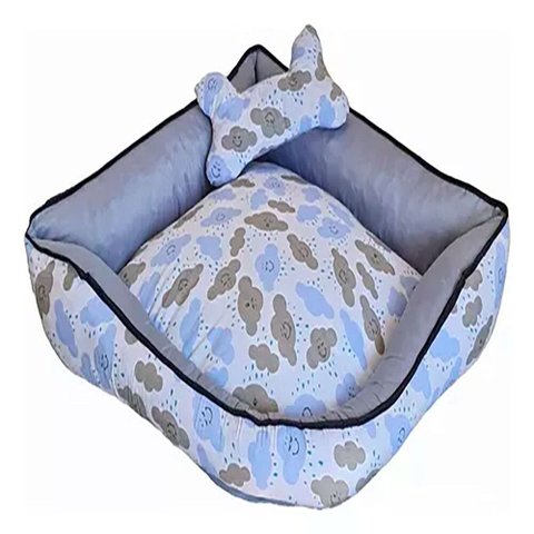 Cama Pet de Canto Luna Top Extra Grande Quadrada: Nuvem Azul Bebê e Cinza